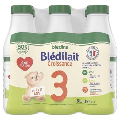 Blédina - Blédilait Lait de Croissance 3ème âge Liquide Bébé Dès 12 Mois, 6x1L