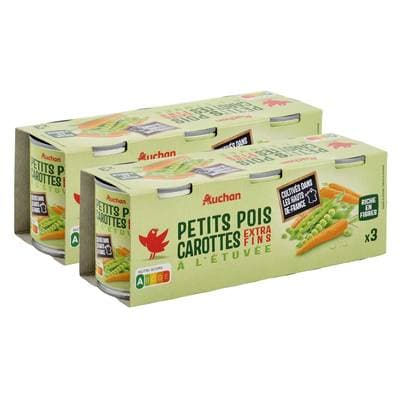 Auchan Petits pois carottes extra-fins à l'étuvée, Lot de 2 - 3x130g