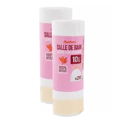 Auchan Sacs poubelle salle de bain à liens coulissants 10L, Lot de 2x20 sacs poubelles