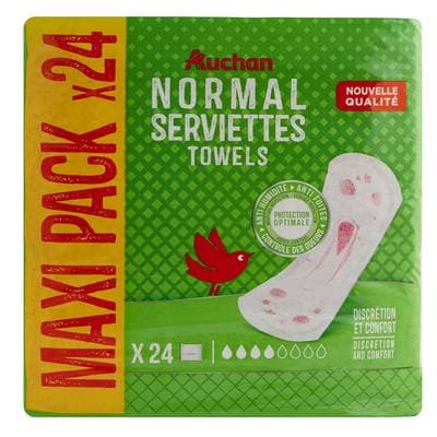 Auchan Serviettes hygiéniques sans ailettes normal, 24 pièces