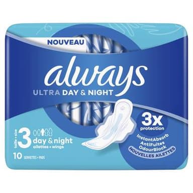 Always Serviette Hygiénique Avec Ailettes Ultra Day & Night Taille 3, 10 serviettes
