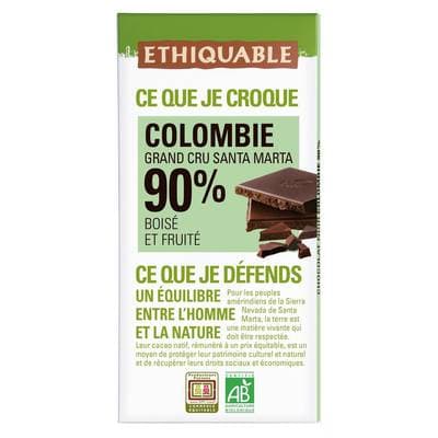 Ethiquable - Commerce Equitable Chocolat Noir 90% Cacao Bio de Colombie, 100g