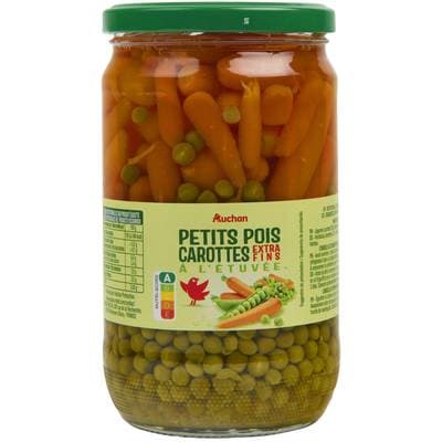 Auchan Petits pois carottes extra fins à l'étuvée en bocal, 420g