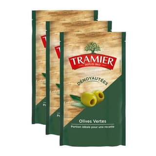 Tramier Olives vertes dénoyautées en sachet, Lot de 3x100g