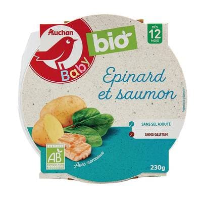 Auchan Baby Bio Epinard au saumon bio Assiette bébé dès 12 mois, 230g