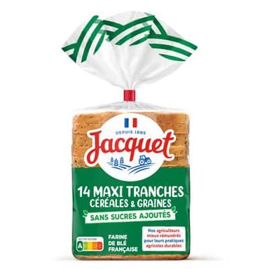 Jacquet Pain de Mie Céréales & Graines Maxi Tranches Sans Sucre Ajouté, 14 tranches - 550g