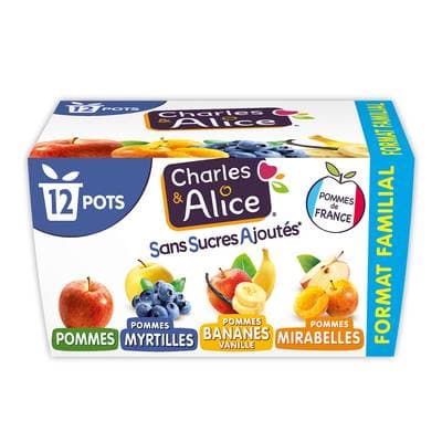 Charles et Alice Compotes panachées sans sucre ajouté, 12x100g