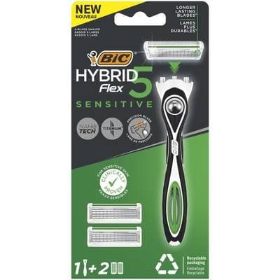 Bic Rasoir Hybrid 5 Flex Pour Homme Peau Sensible, 1 Manche + 2 Recharges de Lames