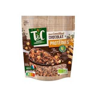 Terres et Céréales Bio Céréales muesli croustillant protéiné chocolat sans huile de palme Bio, 500g