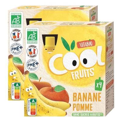 Vitabio - Cool Fruits Banane, Pomme, Bio - Purée de Fruits en gourde, Lot de 2x4 gourdes de 90g