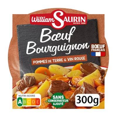 William Saurin Boeuf Bourguignon Pommes de Terre et Vin Rouge en barquette individuelle micro-ondable, 300g