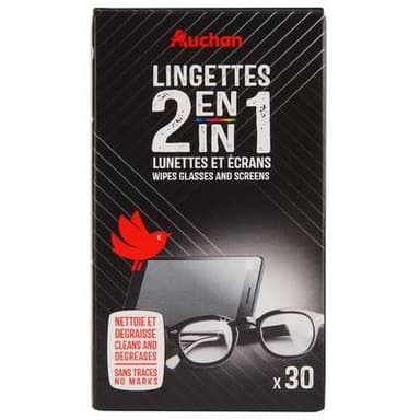 Auchan Lingettes lunettes et écrans 2 en 1, 30 lingettes