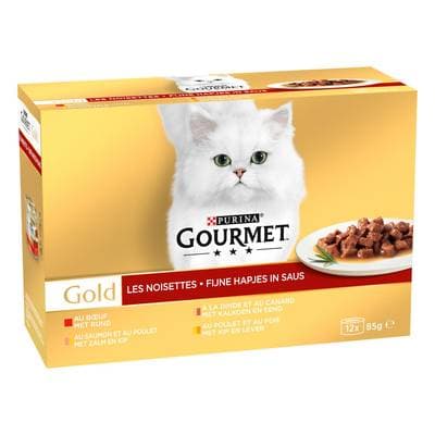 Purina - Gourmet Gold Boites Noisettes Boeuf, Poulet et Foie, Dinde et Canard, Saumon et Poulet pour chat adulte, 12x85g