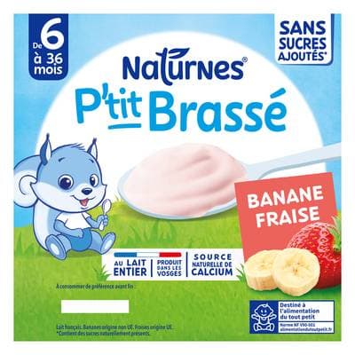 Naturnes® - P'tit Brassé Dessert Lacté Banane Fraise Coupelle Bébé Dès 6 Mois, 4x90g