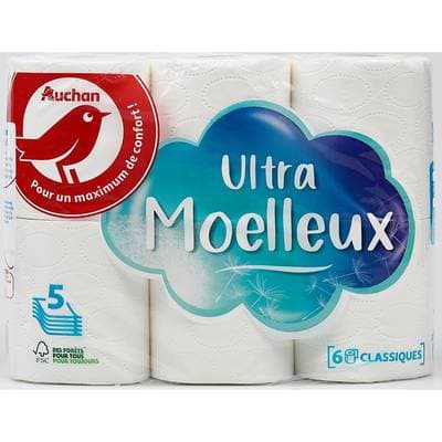 Auchan Papier toilette blanc ultra moelleux 5 épaisseurs, 6 rouleaux papiers toilettes