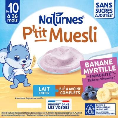 Naturnes® - P'tit Muesli Dessert Lacté banane myrtille Coupelle Bébé dès 10 mois, 4x90g