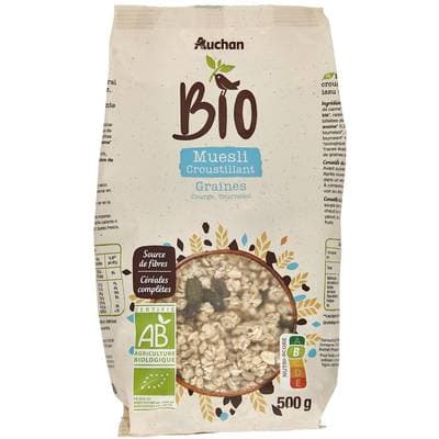 Auchan BIO Muesli de céréales Bio croustillant aux graines de courge et tournesol, 500g