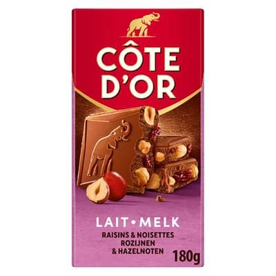 Côte d'Or Chocolat lait raisins & noisettes entières, 180g
