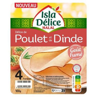 Isla Délice Délice de Dinde et Poulet Gout Fumé HALAL, 100g, 4 pièces