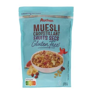 Auchan Muesli croustillant fruits secs sans gluten, 375g