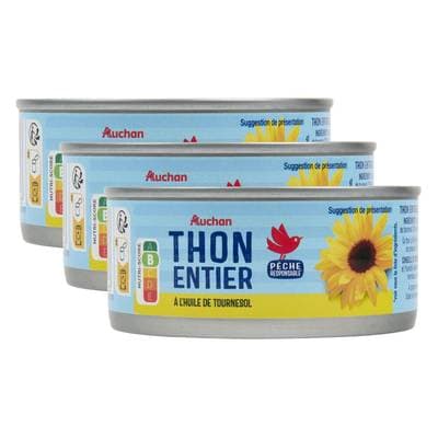 Auchan Thon entier à l'huile de tournesol, Lot de 3x160g