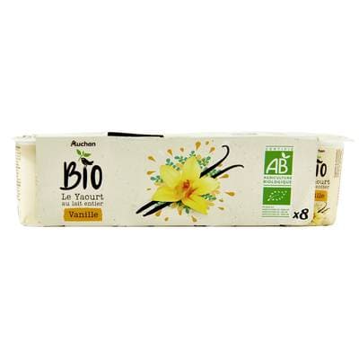Auchan BIO Yaourt au lait entier aromatisé à la vanille bio, 8x125g