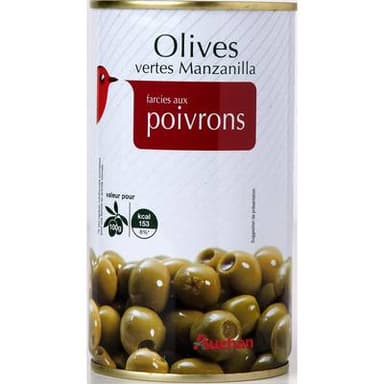 Auchan Olives vertes Manzanilla farcies aux poivrons, 150g
