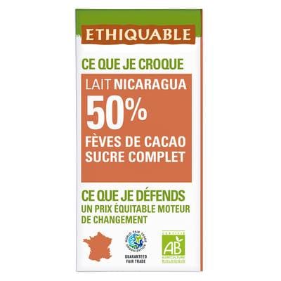 Ethiquable - Commerce Equitable Chocolat au Lait Nicaragua 50% fèves de cacao et sucre complet bio, 100g