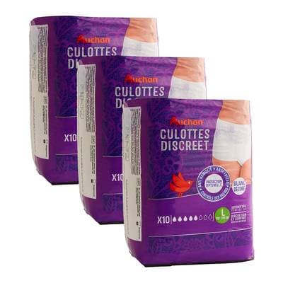 Auchan Culottes discreet blanc décoré taille L, Lot de 3x10 culottes