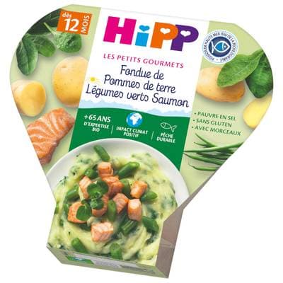 Hipp - Les Petits Gourmets Fondue de Pommes de terre Légumes verts Saumon Bio Assiette dès 12 mois, 230g