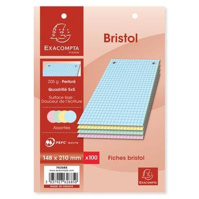 Exacompta Fiches Bristol 14,8 x 21 cm couleurs assorties, 100  fiches