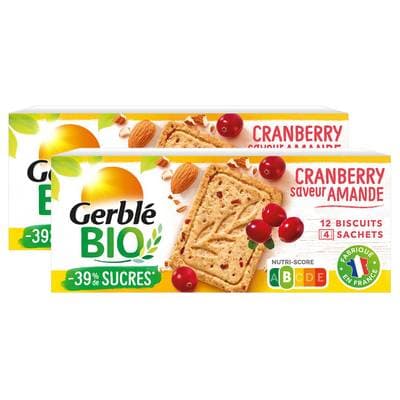 Gerblé Bio 12 Sablés Amande Cranberry Bio -39% de sucres en moins, Lot de 2x132g