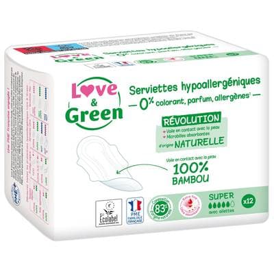 Love & Green Serviettes hygiéniques flux super, 12  serviettes