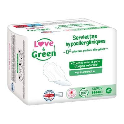 Love & Green Serviettes hygiéniques flux super, 12  serviettes