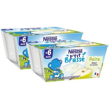 Nestlé - P'tit Brassé Dessert Lacté Poire Coupelle Bébé Dès 6 mois, Lot de 2 - 4x100g