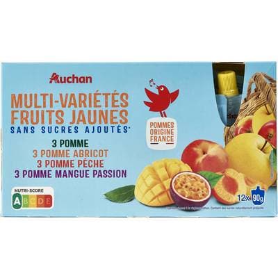 Auchan Gourdes purée de pomme abricot pêche mangue passion sans sucres ajoutés, 12x90g
