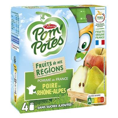 Pom Potes Compote pomme poire sans sucres ajouté, 4x90g