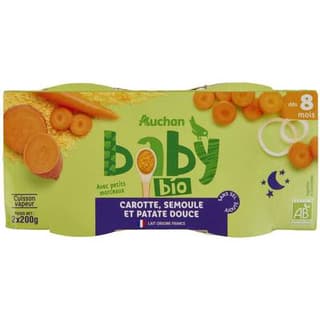Auchan Baby Bio Carotte semoule patate douce bio Bol Bébé dès 8 mois, 2x200g