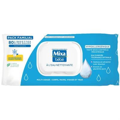 Mixa Lingettes bebe eau nettoyante, 80 lingettes