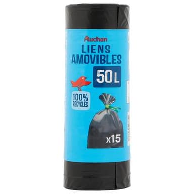 Auchan Sacs poubelle à liens amovibles 50L, 15 sacs poubelle