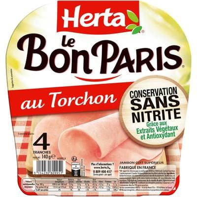 Herta Jambon  Supérieur au Torchon Le Bon Paris Conservation Sans Nitrite, 4 tranches - 140g
