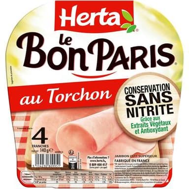 Herta Jambon au Torchon Le Bon Paris Conservation Sans Nitrite, 4 tranches - 140g