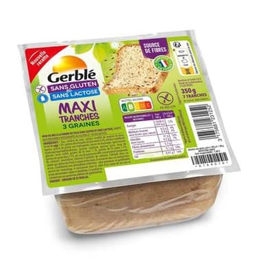 Gerblé Sans Gluten Sans Lactose Pain de Mie Moelleux Maxi Tranches 3 graines Sans Gluten, 350g