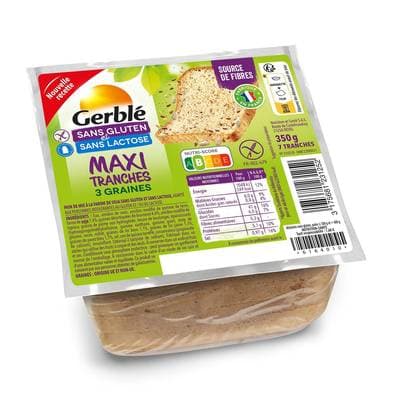 Gerblé Sans Gluten Sans Lactose Pain de Mie Moelleux Maxi Tranches 3 graines Sans Gluten, 350g