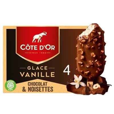 Côte d'Or Bâtonnets glacés vanille entourés de Chocolat au lait et noisettes, 4 bâtonnets - 260g