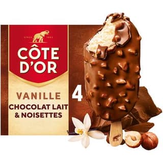 Côte d'Or Bâtonnets glacés vanille entourés de Chocolat au lait et noisettes, 4 bâtonnets - 260g