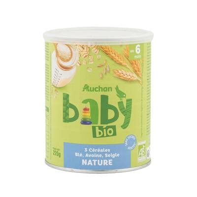 Auchan Baby Bio 3 céréales en poudre blé avoine seigle nature Bio Bébé dès 6 mois, 220g