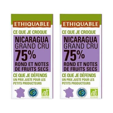 Ethiquable - Commerce Equitable Chocolat Noir 75% cacao Bio du Nicaragua, Lot de 2x100g
