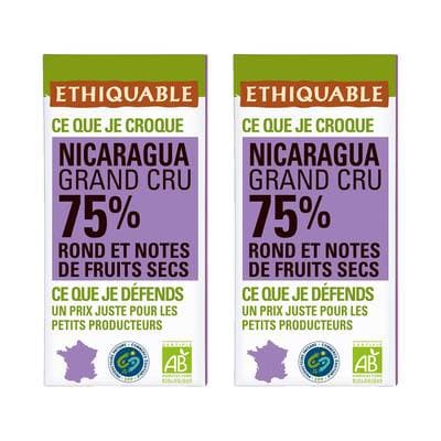 Ethiquable - Commerce Equitable Chocolat Noir 75% cacao Bio du Nicaragua, Lot de 2x100g