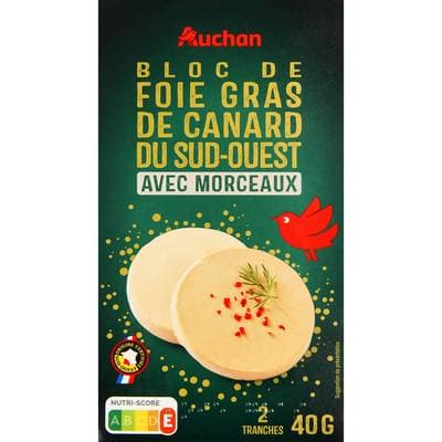 Auchan Bloc de foie gras de canard du Sud-Ouest  avec morceaux, 2 tranches - 80g